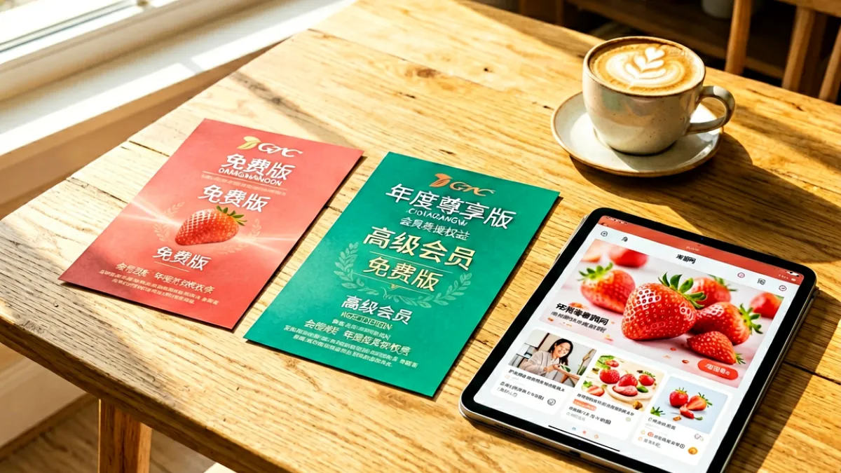 三份不同版本会员权益的宣传物料平铺在木质桌面上，旁边放着一杯咖啡和一台平板电脑，整体呈现温暖的居家氛围