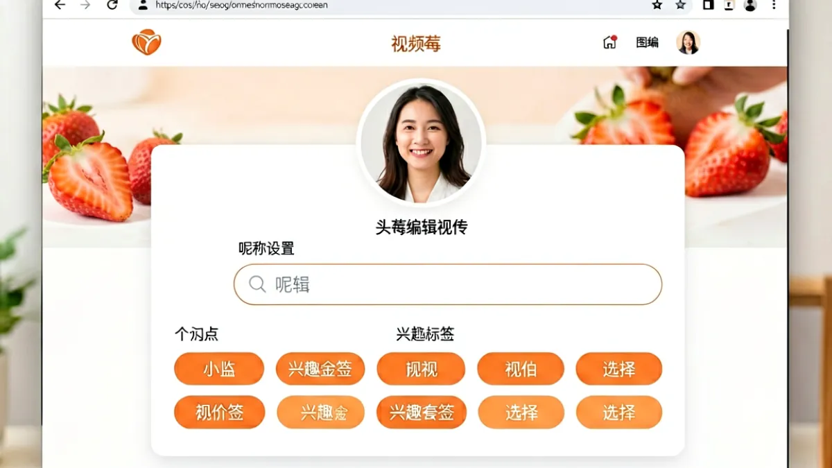 草莓视频官网个人中心页面截图，展示了头像设置、昵称修改和兴趣标签三个区域