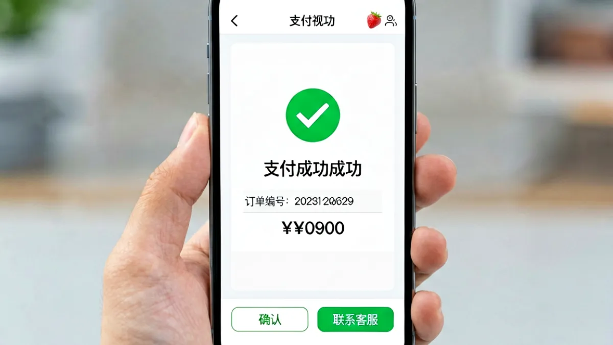 手机屏幕显示草莓视频官网支付成功页面，订单号清晰可见，底部有确认按钮和客服入口